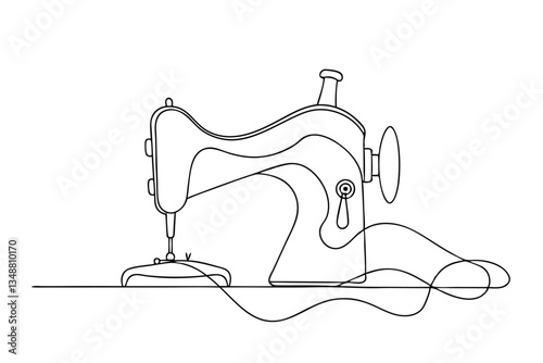 Continuous Line Art Minimalist Outline of Vintage Sewing Machine on White Background