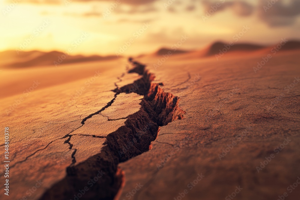 Obraz premium A deep crack in the parched earth at sunset, symbolizing drought and environmental fragility.