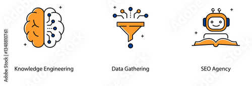 Knowledge Engineering Data Gathering Robot AI Learning Book Vector Icon Set