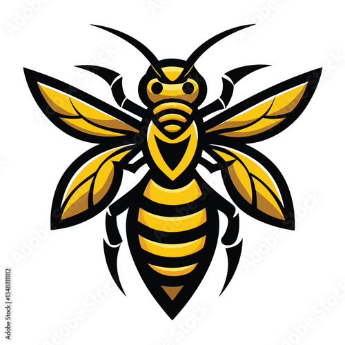 Detailed Bee Mascot Illustration, Yellow Stripes, Black Outline, Wings, Isolated White