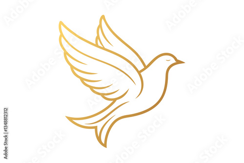 Elegant Gold Dove Flying Illustration, Bird Icon, Simple Golden Outline, White Background