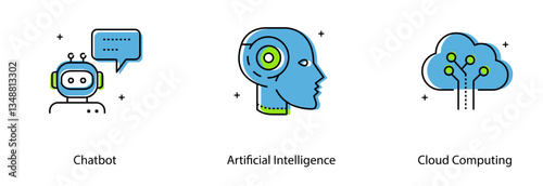Chatbot AI Cloud Computing Virtual Assistant Technology Digital Network Vector Icon Set