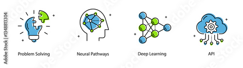 Deep Learning API Problem Solving Neural Network Pathways Vector Icon Set