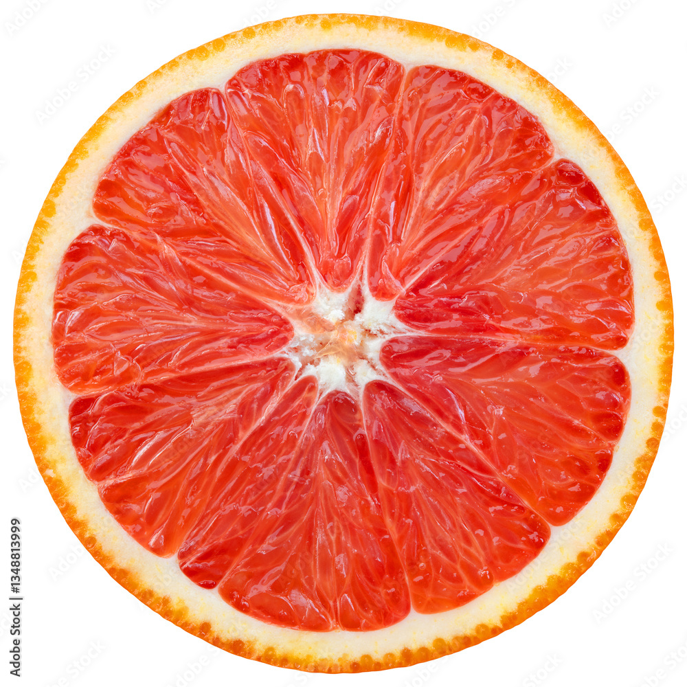 Fototapeta premium Orange slice isolated png. Sliced Sicilian orange on transparent background. Cut red blood orang slice no background. Full depth of field. Top view transparent png.