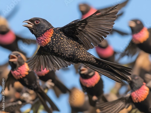 A colorful bird flies among a flock of other birds photo