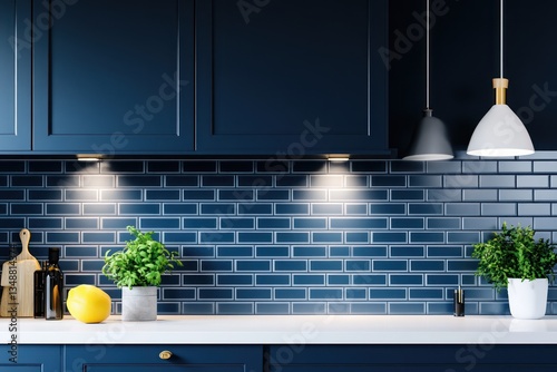 A stylish kitchen with a deep blue subway tile backsplash, matching dark cabinets, and bright white countertops, creating a calming,