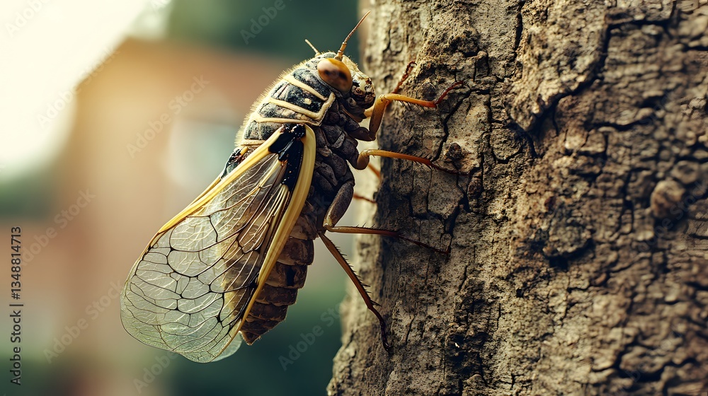 A Cicada Emerging From Its Exoskeleton, Clinging to a Tree Bark A Cicada Emerging From Its Exoskeleton, Clinging to a Tree Bark