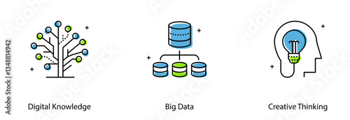 Digital Knowledge Big Data Creative Thinking Innovation Technology Vector Icon Set