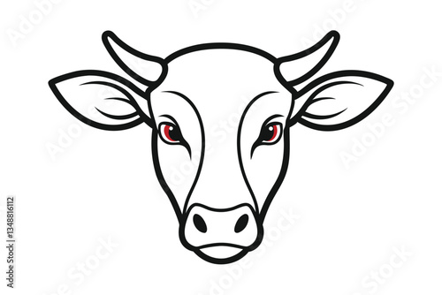 Line Art Cow Head with Horns, Red Eyes, Minimalist Style on White Background, Mammal