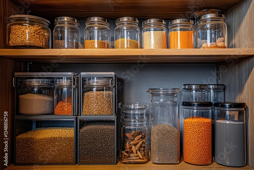 A stylish pantry with shelves neatly stacked with clear jars containing spices, lentils, and dried grains, organized with sleek metal