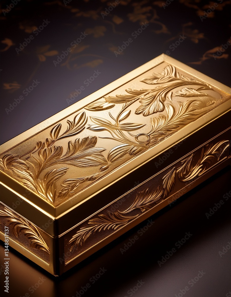 Fototapeta premium Intricately Designed Golden Box With Floral Patterns Captured in Warm Light on a Dark Surface