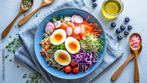Wallpaper Mural  Overhead view of a fresh salmon, quinoa, boiled eggs and vegetables salad plate Torontodigital.ca
