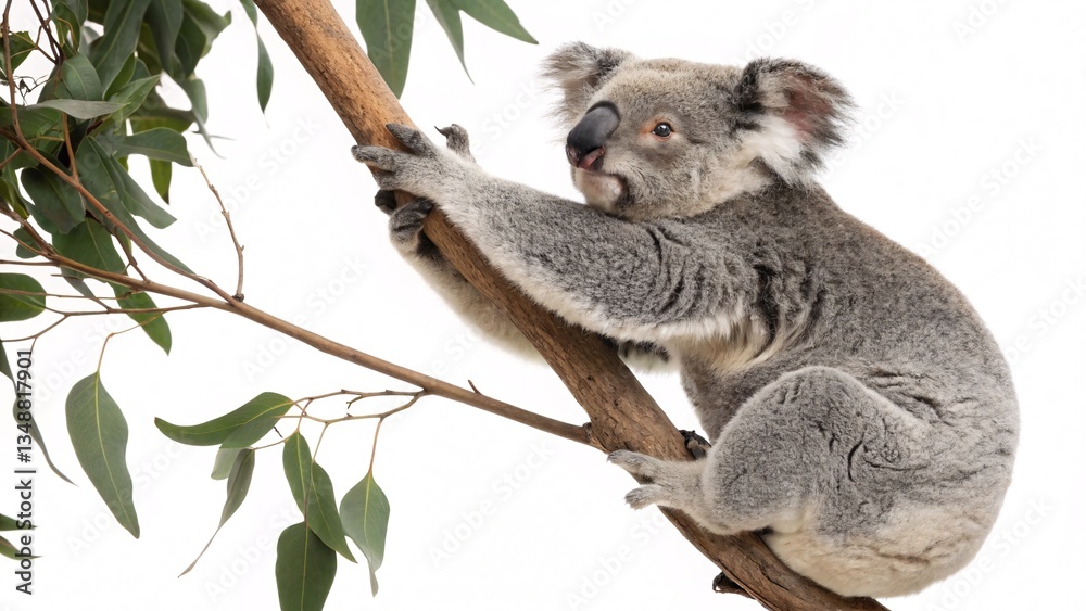 Naklejka premium Adorable Koala Clinging to Branch Isolated White Background Wildlife Photo
