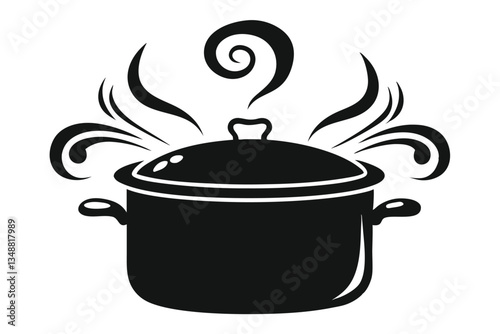 Minimalist Black Pot with Lid and Rising Swirls of Steam Isolated on White Image