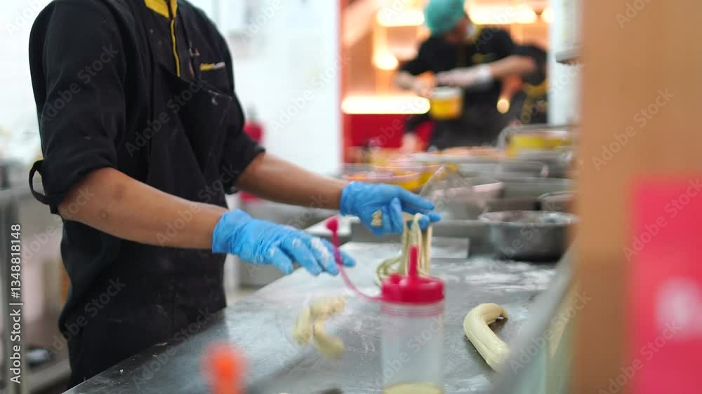 Chefs make noodles at a table in a commercial kitchen wearing blue gloves. Chefs make noodles at a table in a commercial kitchen wearing blue gloves.