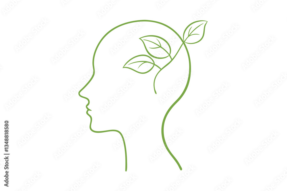 Minimalist Green Line Art Female Profile with Leafy Branch Illustration, White Background Minimalist Green Line Art Female Profile with Leafy Branch Illustration, White Background