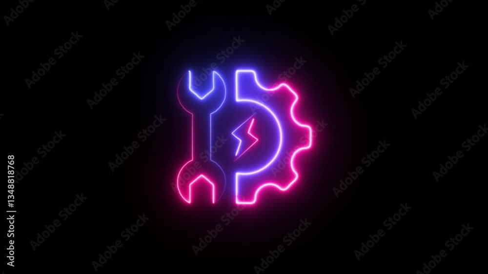 Concept neon wrench setting construction tool icon, spanner toolkit professional instrument flat line icon animation.wrench tools icon isolated on brick wall background. Service tool symbol.
