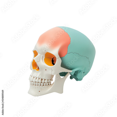 Anatomical model of a human skull with highlighted frontal and parietal bones. Medical illustration for education and study.