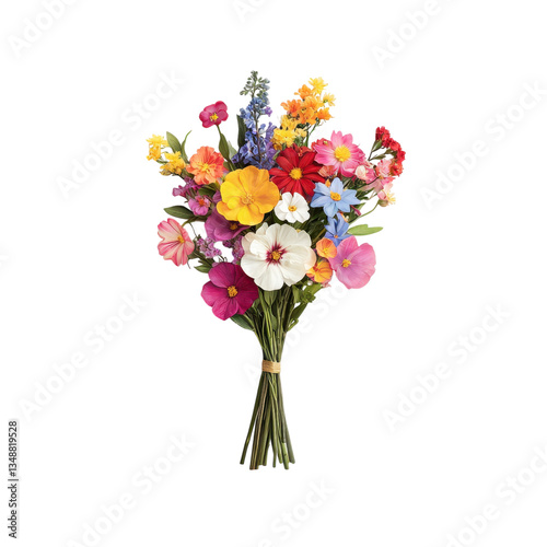 Colorful wildflower bouquet tied with twine on a transparent background. Floral arrangement for spring, summer, or special occasions.