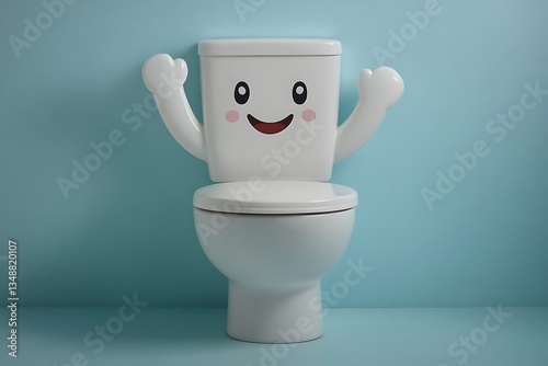 A white toilet with a smiling face and raised arms