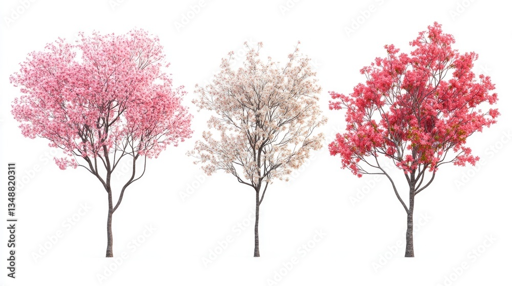 Mask Available. Three-Dimensional Botanical Garden Design with Bloom Trees on Beautiful White Background Mask Available. Three-Dimensional Botanical Garden Design with Bloom Trees on Beautiful White Background