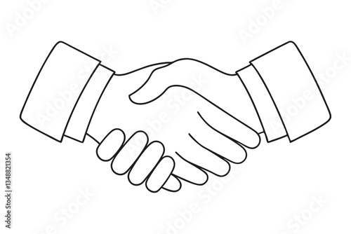 Outline of two hands in formal attire joined in a handshake on a white background