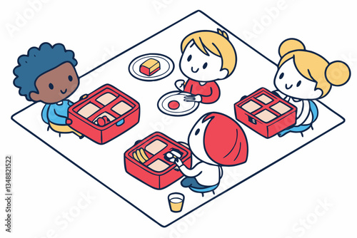 51 Cute cartoon children eating, colorful simplistic illustration, overhead view, school lunch, cafeteria table, diverse group, rectangular composition, flat design, playful style, red lunchboxes, blu