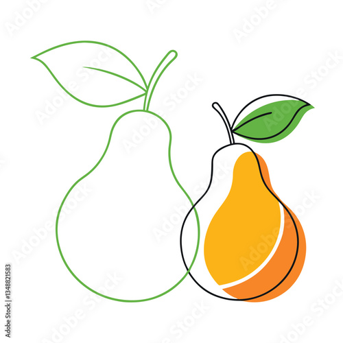 Pear Fruit Outline with Leaves Black, Green, Orange Isolated on White Background