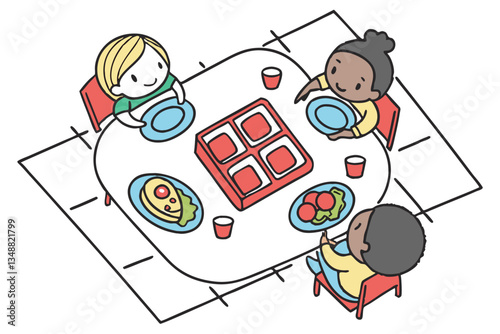 51 Cute cartoon children eating, colorful simplistic illustration, overhead view, school lunch, cafeteria table, diverse group, rectangular composition, flat design, playful style, red lunchboxes, blu