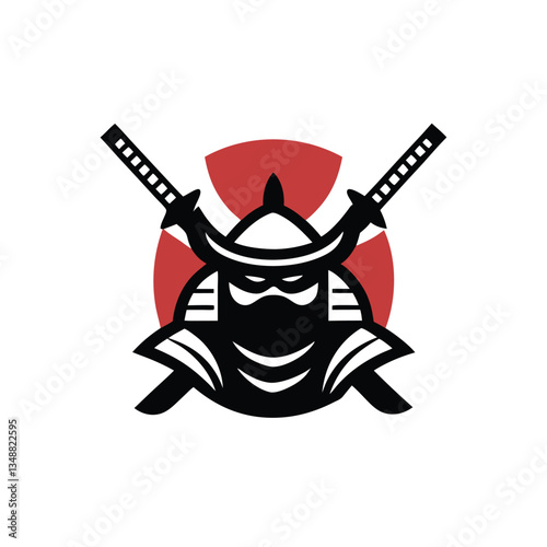 Samurai Warrior Detailed Helm, Crossed Swords, Silhouette Against Red Sun, Traditional Art