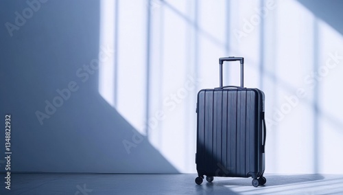 Rolling suitcase for business trips in navy blue with window shadows