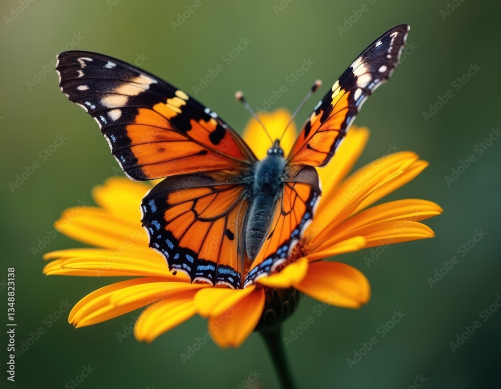 Orange black butterfly sits on yellow flower. Insect with detailed wings resting. Vibrant colors, macro shot of fauna. Summer nature background, wildlife. Pollinator on blossom. Orange black butterfly sits on yellow flower. Insect with detailed wings resting. Vibrant colors, macro shot of fauna. Summer nature background, wildlife. Pollinator on blossom.