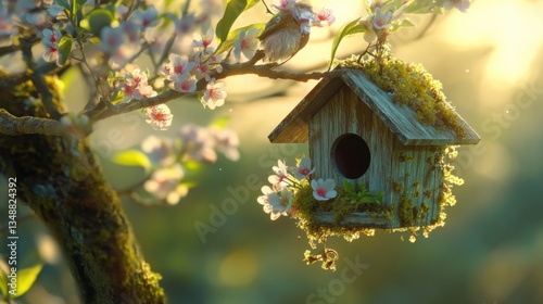 Birdhouse among blooming branches