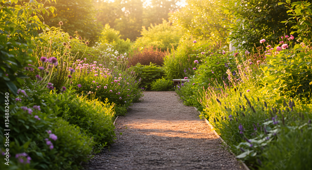 Obraz premium Beautiful Garden Pathway Surrounded by Lush Greenery and Colorful Flowers 