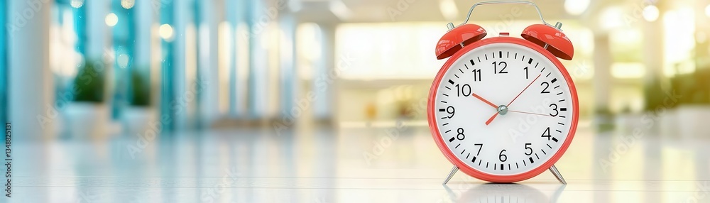A bright red alarm clock sits on a smooth floor, symbolizing time management and punctuality in a modern workspace. A bright red alarm clock sits on a smooth floor, symbolizing time management and punctuality in a modern workspace.