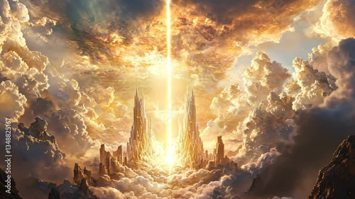 Golden towers, heavenly light, cloud landscape, fantasy