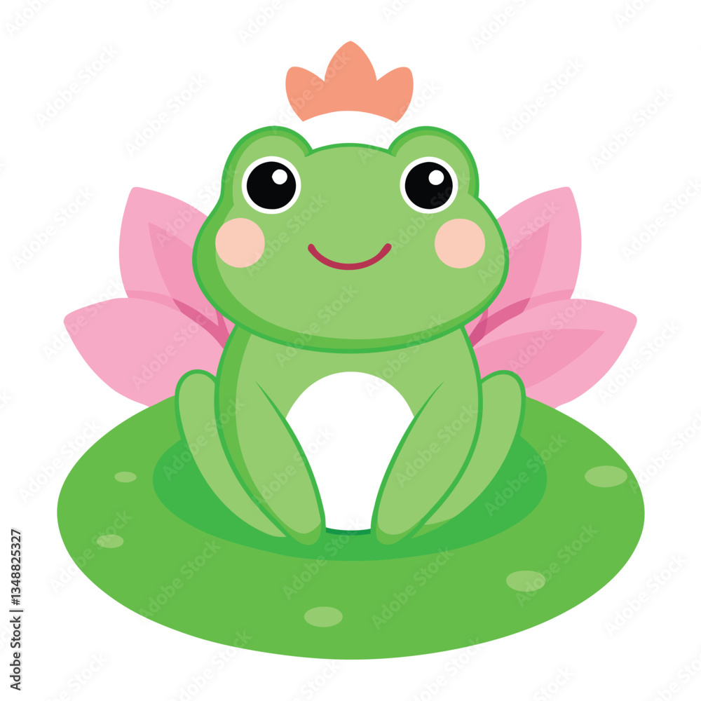 Smiling Frog Cartoon Character Wearing Crown Sitting on Lily Pad & Pink Lotus Flowers Smiling Frog Cartoon Character Wearing Crown Sitting on Lily Pad & Pink Lotus Flowers
