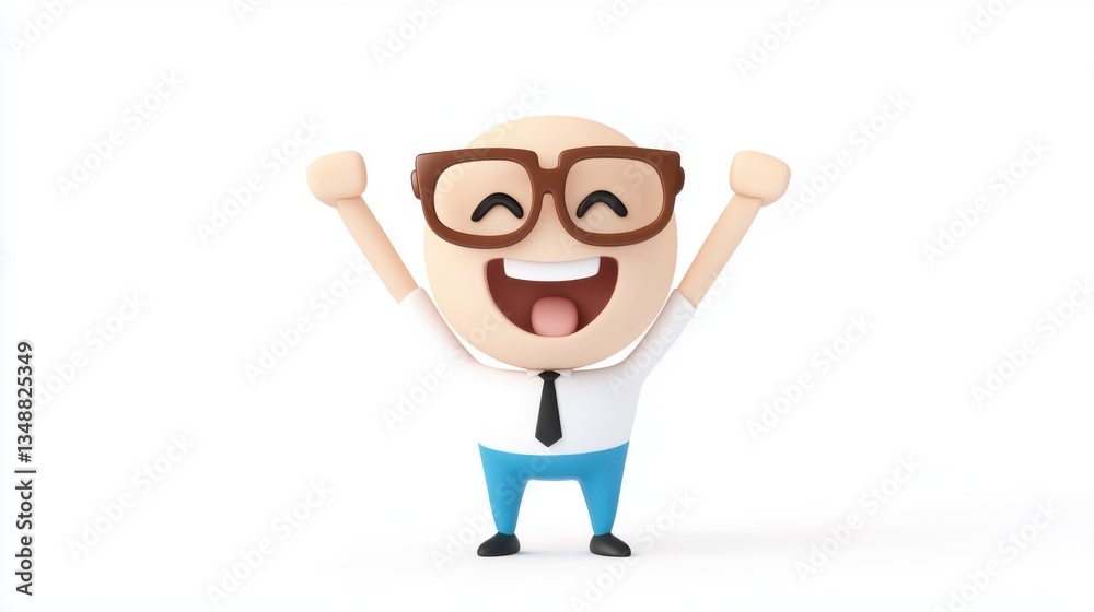 Cheerful cartoon character celebrating achievement with raised hands in modern style on white background Cheerful cartoon character celebrating achievement with raised hands in modern style on white background