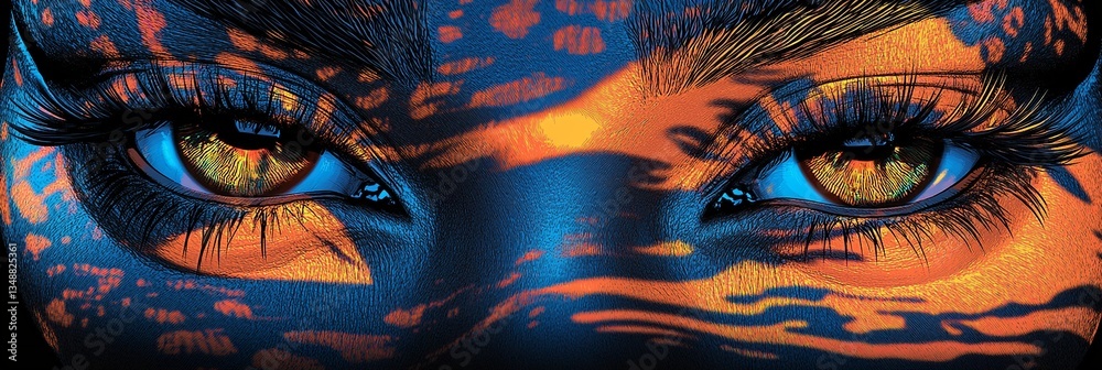 Obraz premium Intriguing close-up of a woman's eyes, adorned with vibrant, abstract makeup. The rich oranges and deep blues create a captivating contrast.
