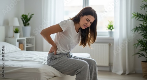 A woman sitting on a bed and holding her back in pain, in a cozy home environment.