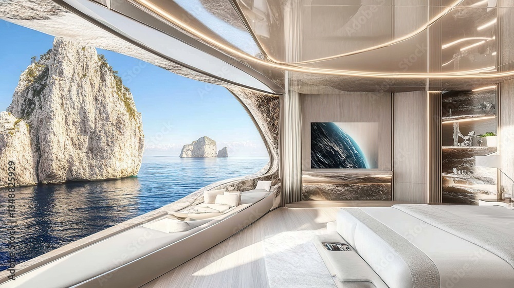 Fototapeta premium Luxury yacht bedroom, panoramic sea view, Capri Italy, travel brochure