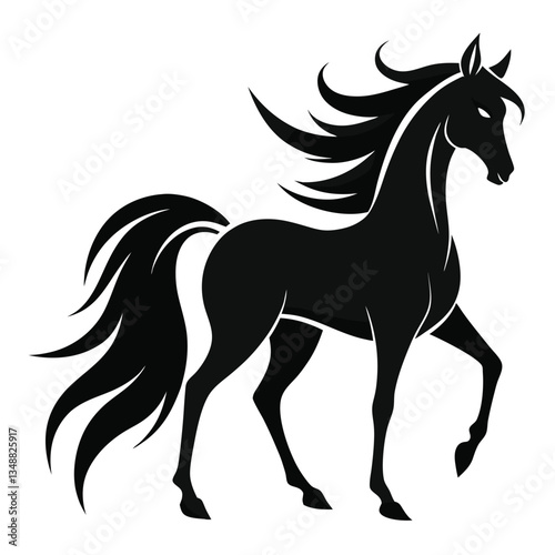 Stylish Black Horse Silhouette with Flowing Mane, Animal Icon, Isolated on White