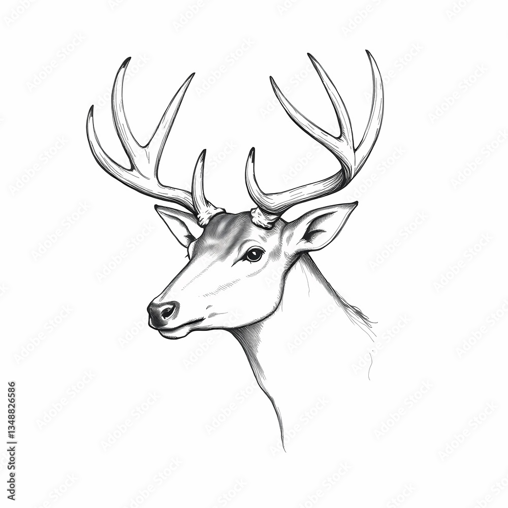 Fototapeta premium Noble Stag Portrait: A striking black and white illustration of a stag with majestic antlers, exuding an aura of grace and strength.