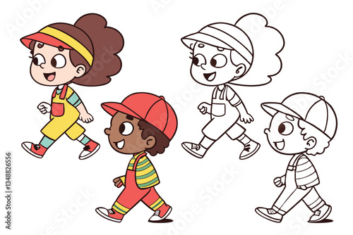 54 Cartoon children, diverse characters, simple line drawings, colorful outfits, playful poses, walking and running, multicultural, cheerful expressions, hand-drawn style, white background, whimsical,