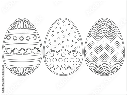 Easter Egg Coloring Page Set – Decorated Eggs with Stripes, Polka Dots, and Daisies. Spring Holiday Outline Collection for Print. Vector Illustration on White Background