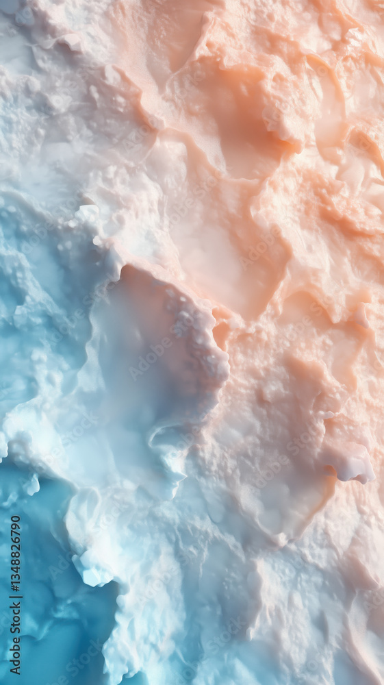 Fototapeta premium Abstract surface resembling soft terrain or whipped clouds, blending warm peach and icy blue tones. A dreamy phone wallpaper.
