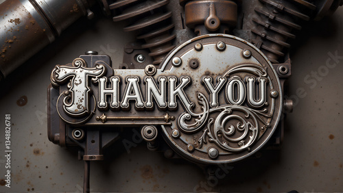 Vintage Art Nouveau Thank You Plaque on Industrial Mechanical Assembly