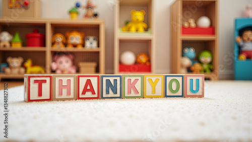 Wooden Alphabet Blocks Spelling Thank You on White Carpet with Toy Background