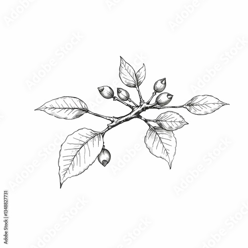 Delicate Branch: An elegant botanical illustration of a branch, adorned with leaves and berries, rendered in a classic, detailed pen-and-ink style, conveying natural beauty and simplicity.
