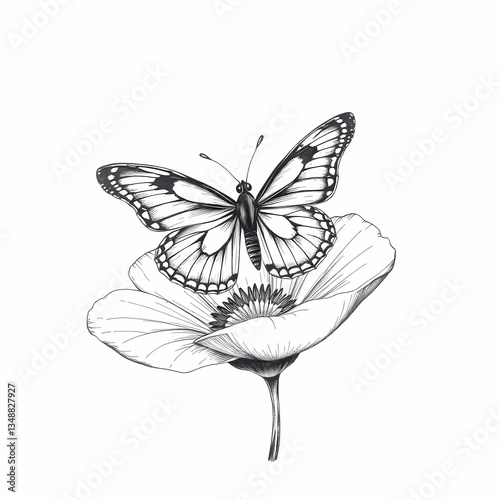 Butterfly on a Flower: An elegant butterfly with intricate wing patterns rests delicately upon a blossoming flower, a timeless symbol of metamorphosis and natural beauty.